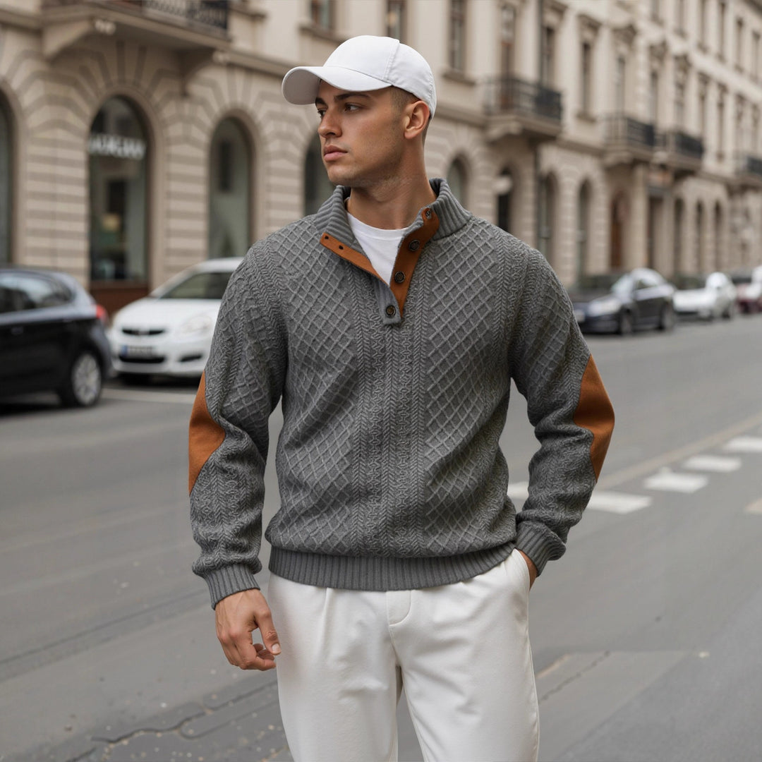 Men's troyer sweater with stand-up collar, structured knit look and contrast elbow patches Mune Fashion