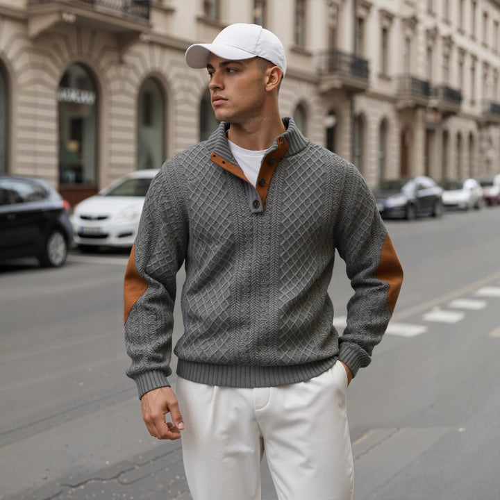 Men's troyer sweater with stand-up collar, structured knit look and contrast elbow patches Mune Fashion