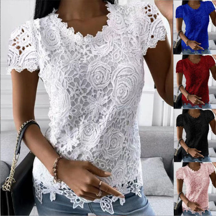 Women's lace top with V-neck, tailored silhouette and romantic wave hem Mune Fashion