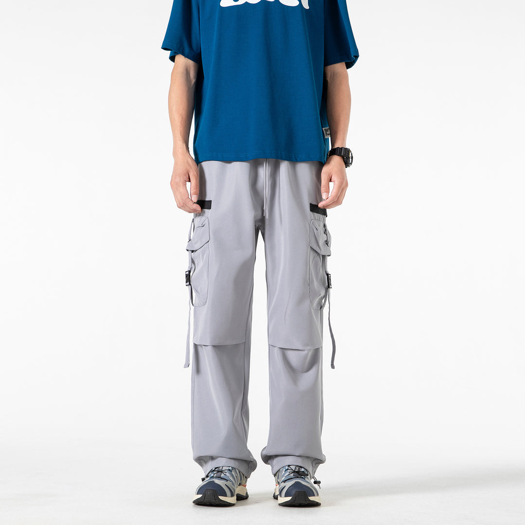 Men's Wide Cargo Pants with Multi-Pockets, Adjustable Drawstring Waistband, and Modular Strap Details Drune