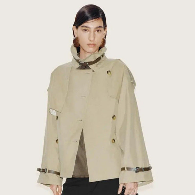 Women Short Boxy Trench Coat with Wide Lapels, Shoulder Straps and Adjustable Cuffs Mune Fashion