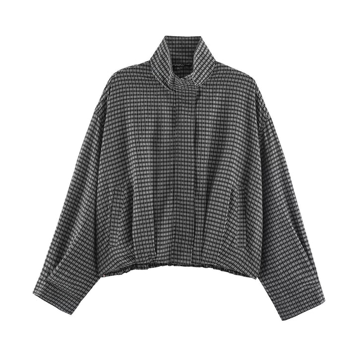 Women Check Transitional Jacket in Oversized Cropped Cut with High Stand-Up Collar Mune Fashion