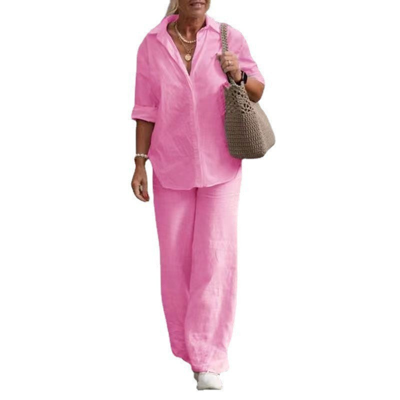 Women's Lightweight Linen Loungewear Set with Open Shirt Collar and Wide Palazzo Pants Mune Fashion