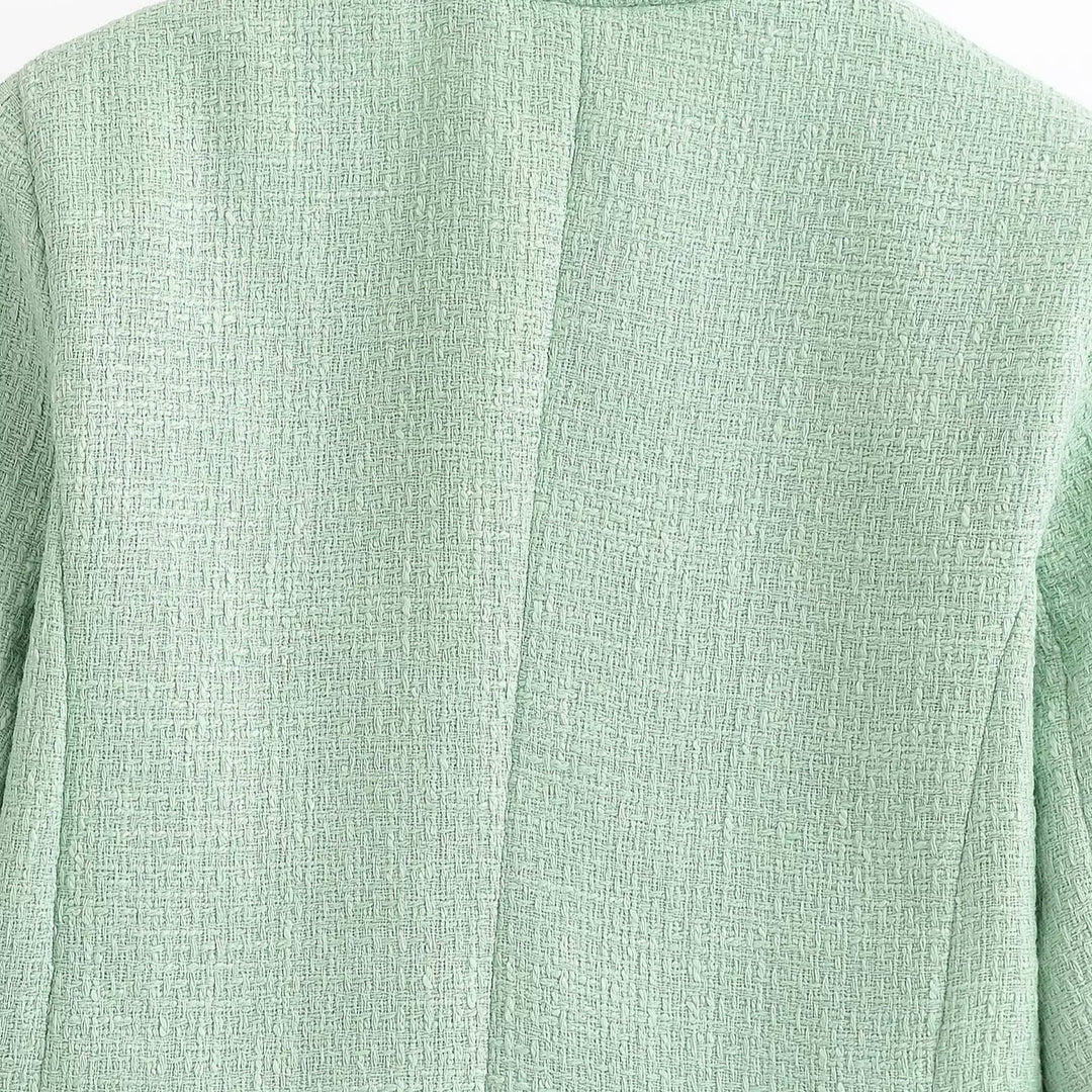 Women Cropped Boucle Blazer with Fringe Hem, Stand-up Collar and Piped Pockets Mune Fashion