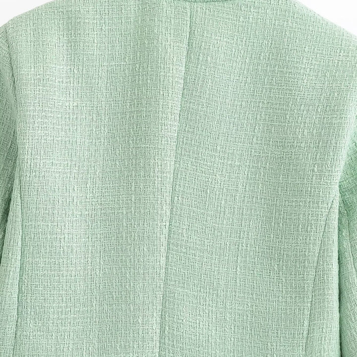 Women Cropped Boucle Blazer with Fringe Hem, Stand-up Collar and Piped Pockets Mune Fashion