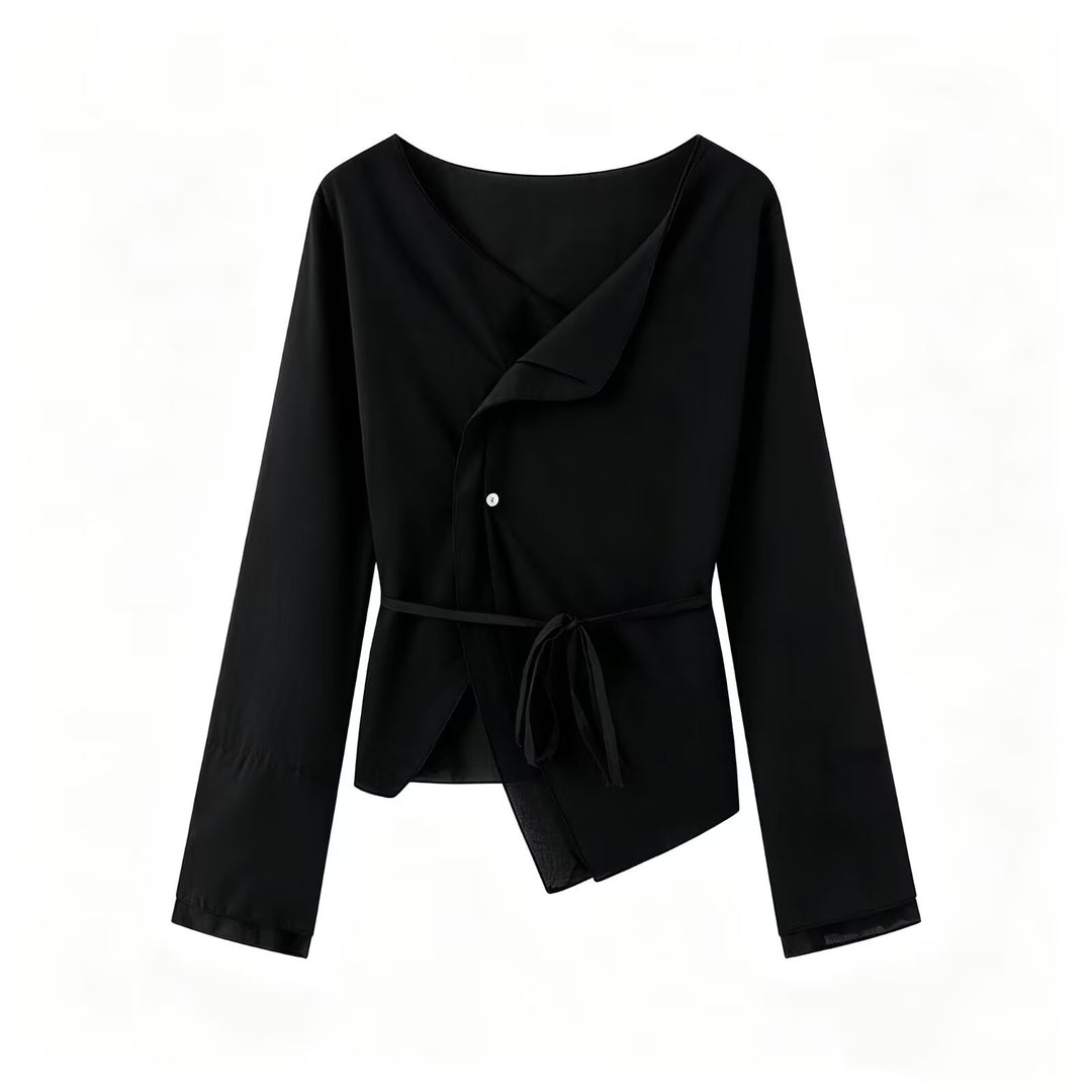 Women's wrap blouse with asymmetrical front, V-neck and tie belt Mune Fashion