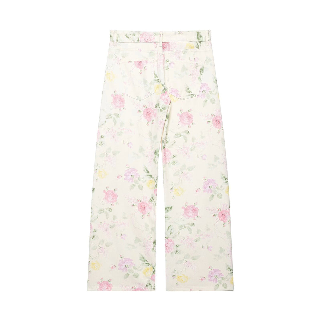 Women's High-waisted Wide Leg Jeans with Delicate Floral Pattern and Five-pocket Cut Mune Fashion