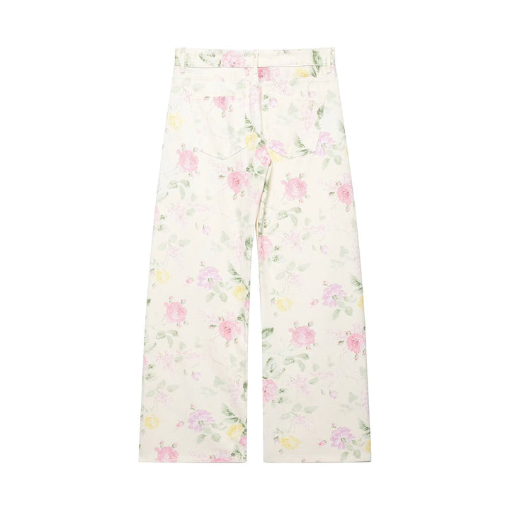 Women's High-waisted Wide Leg Jeans with Delicate Floral Pattern and Five-pocket Cut Mune Fashion