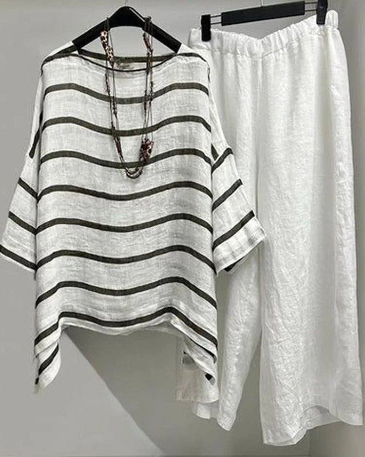 Women's casual linen set with asymmetrical striped blouse and wide elastic waistband pants Mune Fashion