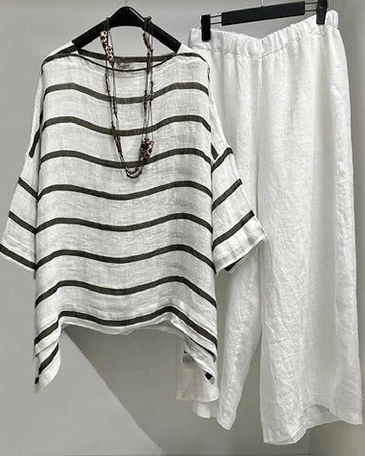 Women's casual linen set with asymmetrical striped blouse and wide elastic waistband pants Mune Fashion