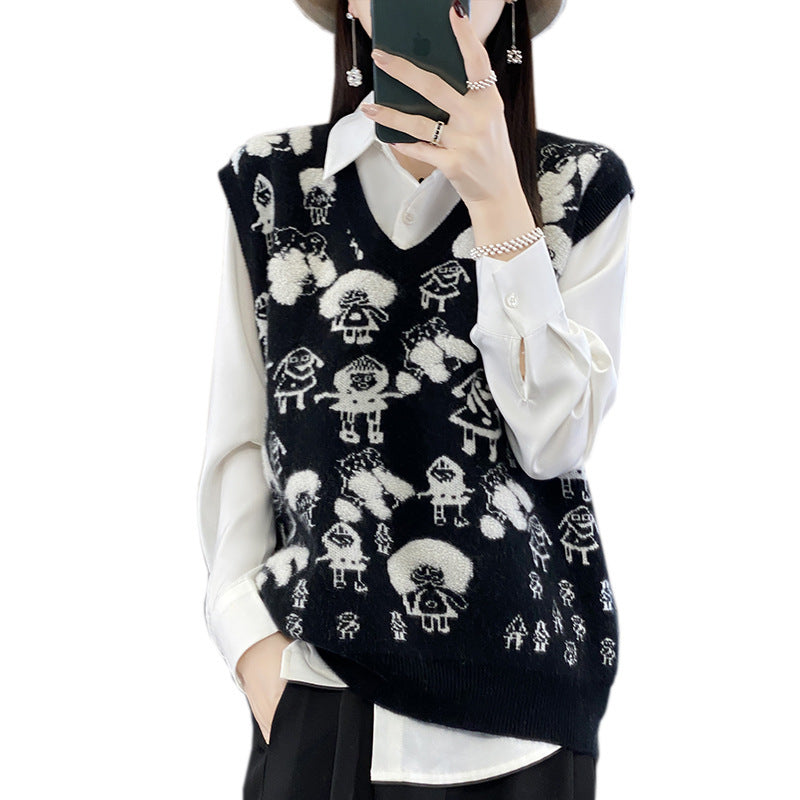 Women's Oversized Knitted Vest with V-Neck and Playful Jacquard Design Mune Fashion