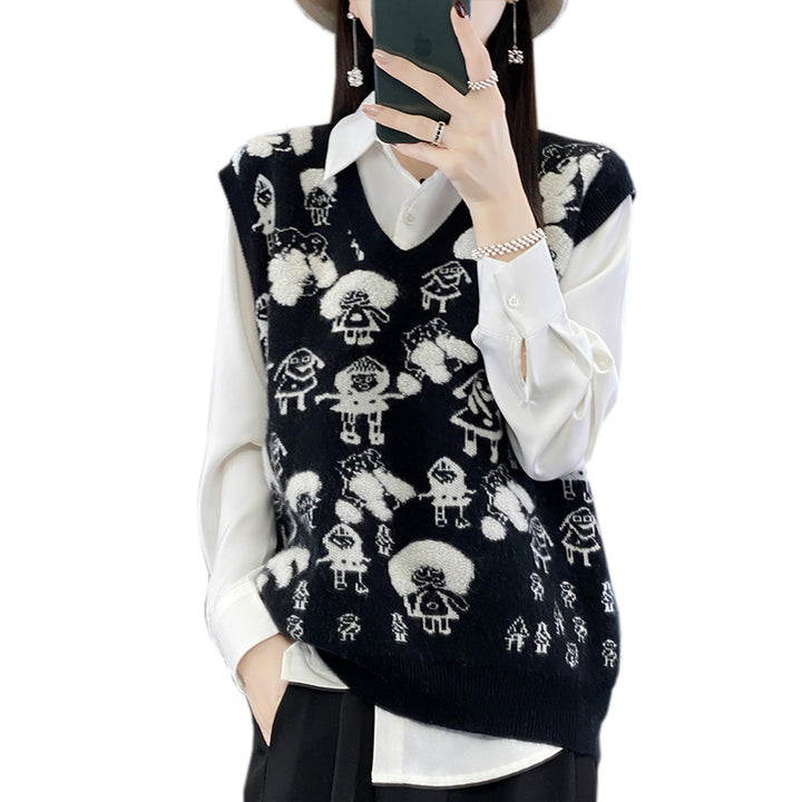 Women's Oversized Knitted Vest with V-Neck and Playful Jacquard Design Mune Fashion