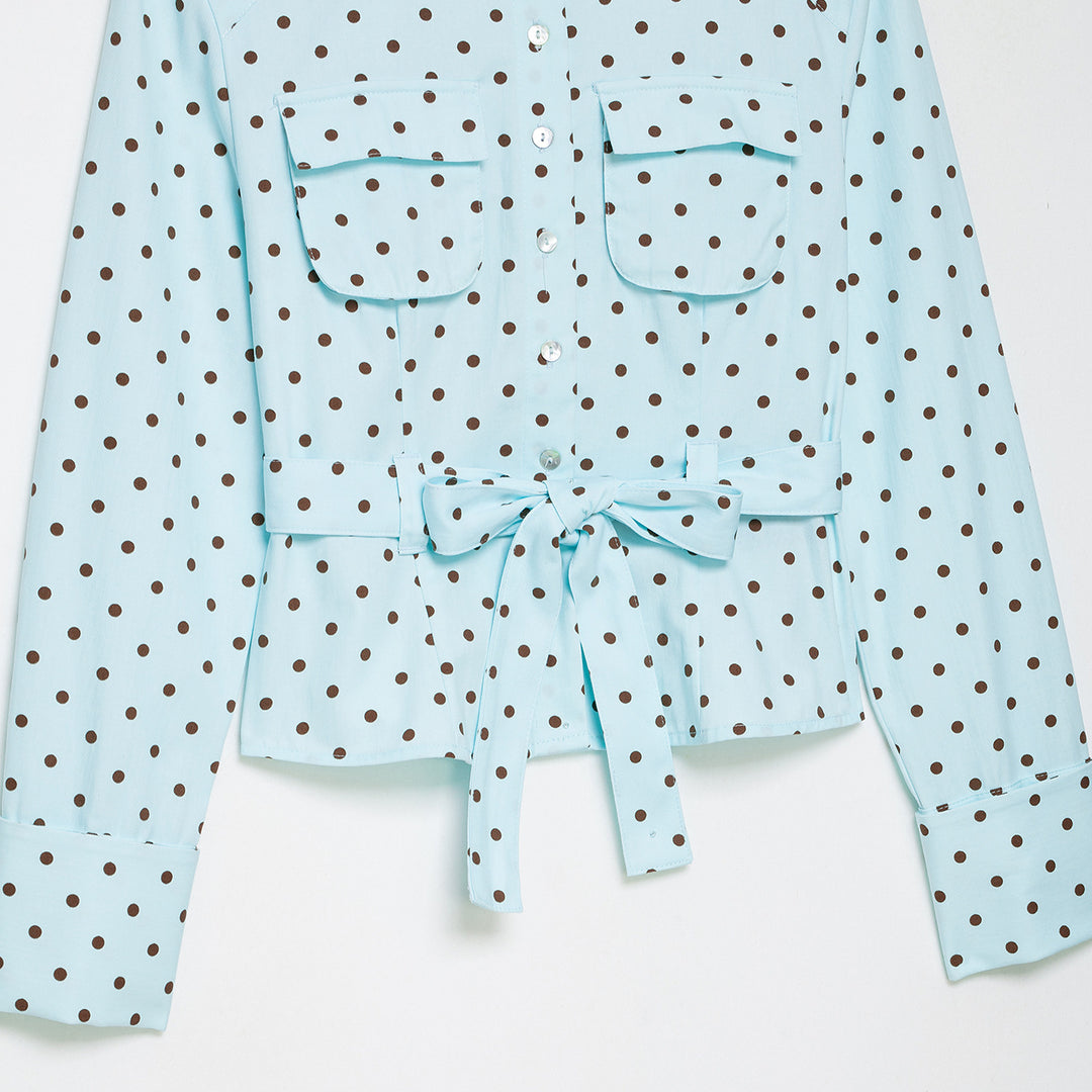 Women's blouse with stand-up collar, tie belt, and patch breast pockets Mune Fashion