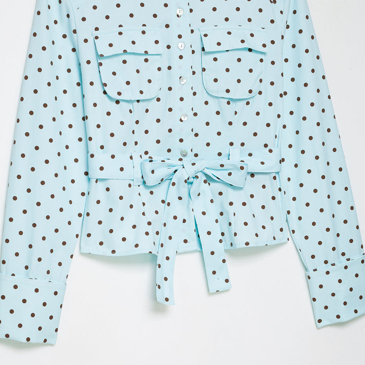 Women's blouse with stand-up collar, tie belt, and patch breast pockets Mune Fashion
