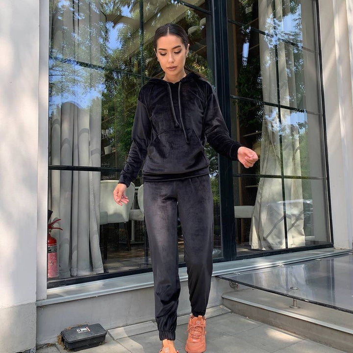 Women's Velvet Loungewear Set with Cropped Hoodie and Drawstring Joggers Mune Fashion