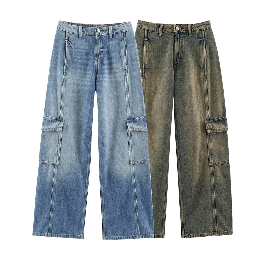 Women's cargo jeans with wide legs, high waist and patch thigh pockets Mune Fashion