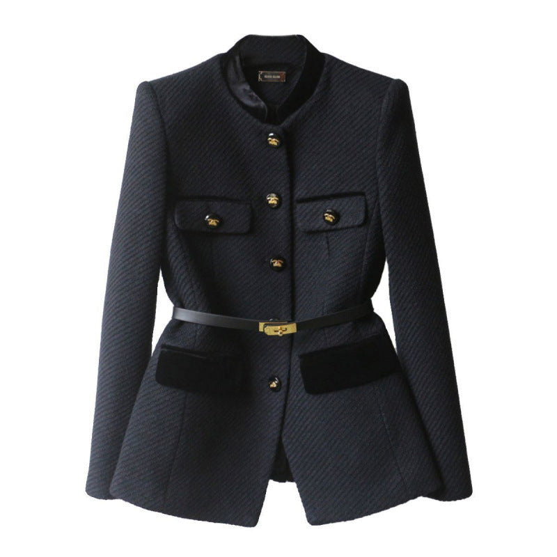 Ladies Elegant Boucle Blazer Jacket with Velvet Trim and Waist Belt Mune Fashion