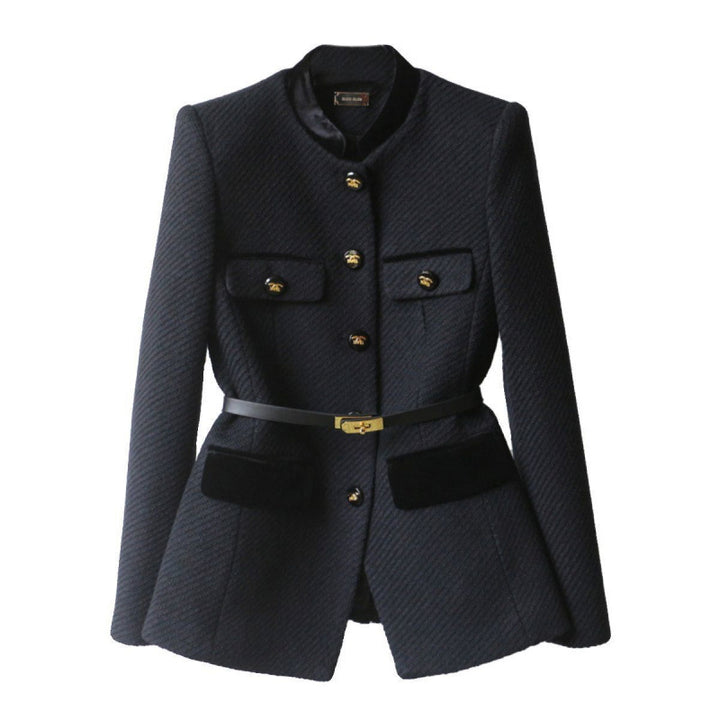 Ladies Elegant Boucle Blazer Jacket with Velvet Trim and Waist Belt Mune Fashion