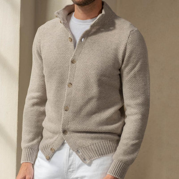 Men's textured knit cardigan with stand-up collar and full button placket Mune Fashion