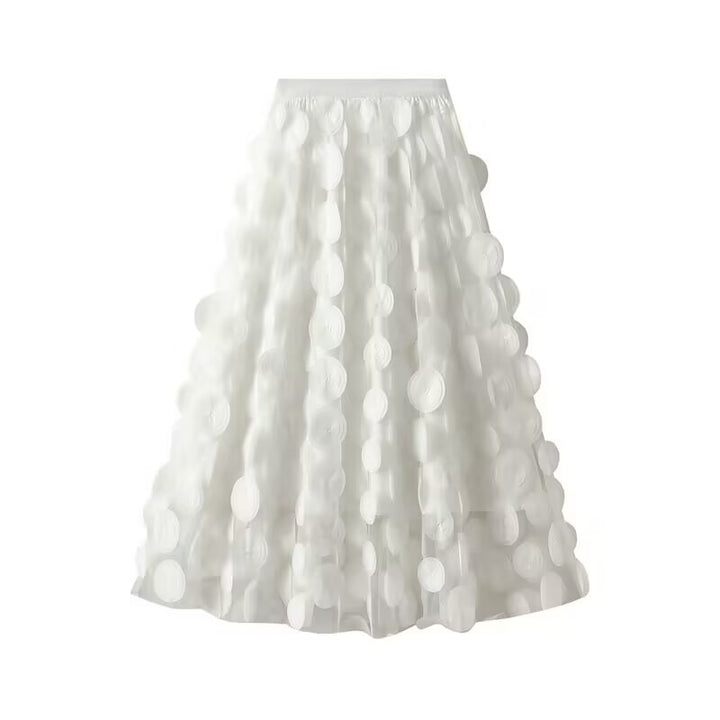 Women's flared midi skirt with transparent 3D appliqués and elastic waistband Mune Fashion