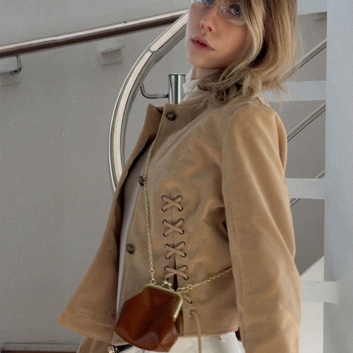 Women's short blazer made of suede with a fitted lace-up corset and stand-up collar Mune Fashion
