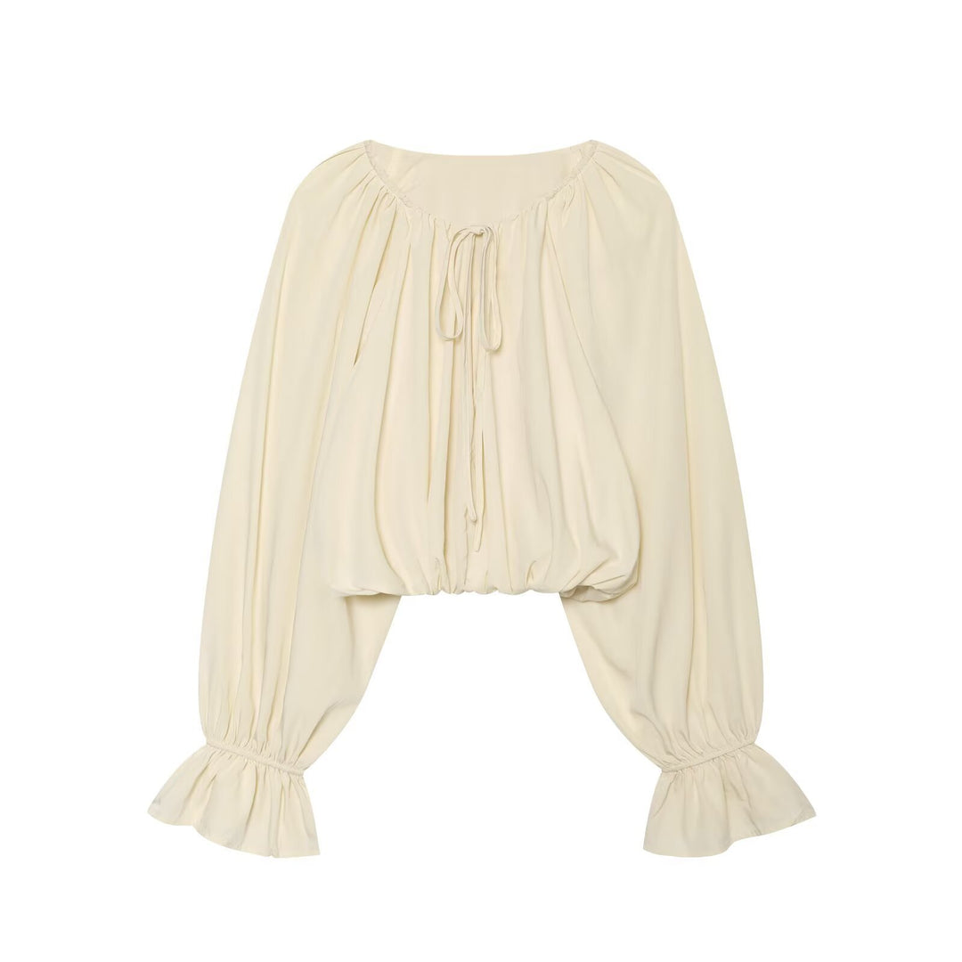 Women's Carmen Cropped Blouse with Drawstring Collar, Ruffled Hem and Balloon Sleeves Mune Fashion