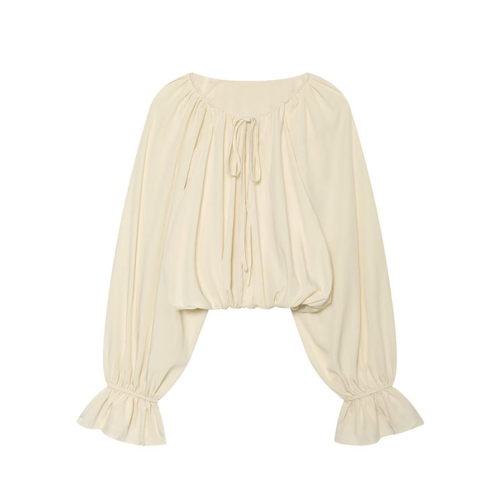 Women's Carmen Cropped Blouse with Drawstring Collar, Ruffled Hem and Balloon Sleeves Mune Fashion