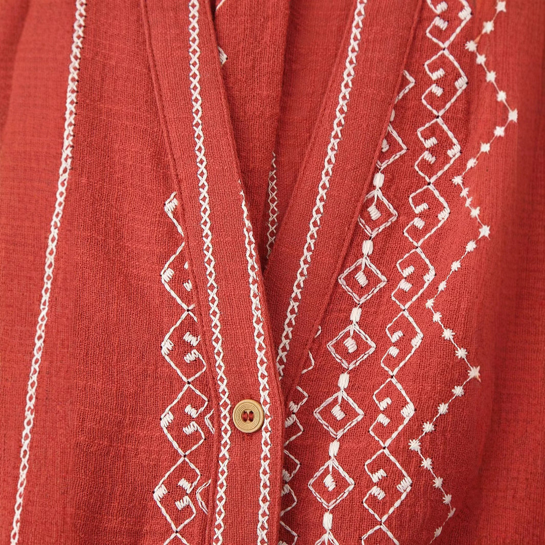 Women embroidered blouse jacket with V-neckline and loose A-line silhouette Mune Fashion