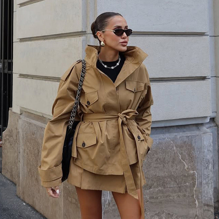 Women's Tailored Utility Jacket with Tie Belt, High Stand Collar and Flap Pockets Mune Fashion