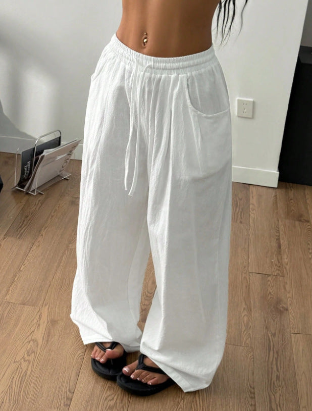 Women's wide linen-like lounge pants with elastic waistband and drawstring Mune Fashion