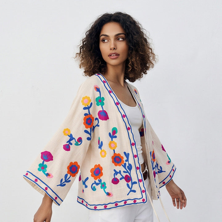Women embroidered linen wrap jacket with folkloric flower appliqués Mune Fashion