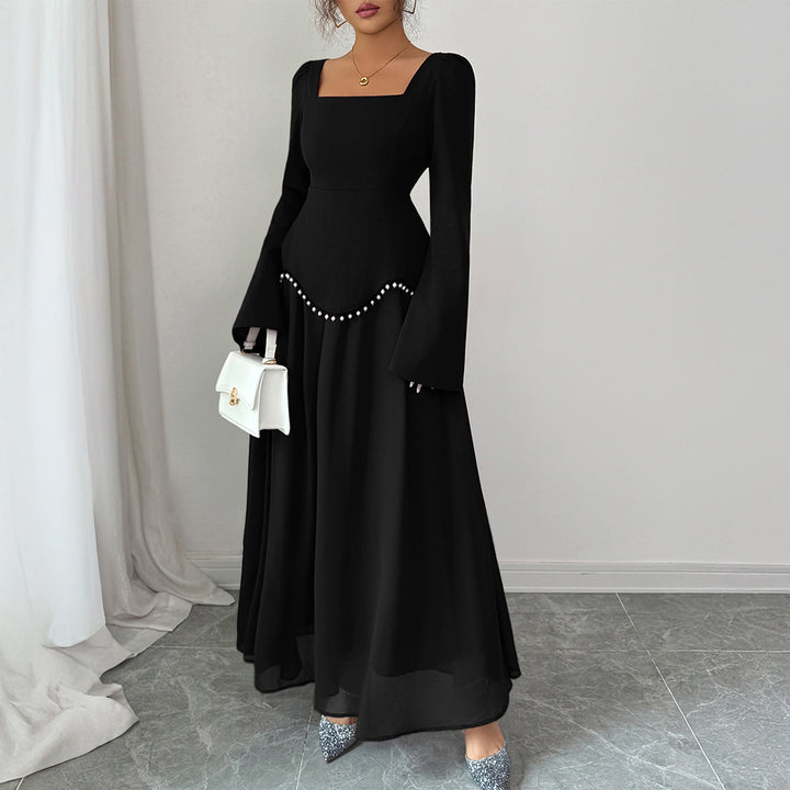 Ladies' elegant maxi dress with square neckline, fitted peplum yoke, and pearl trim Mune Fashion
