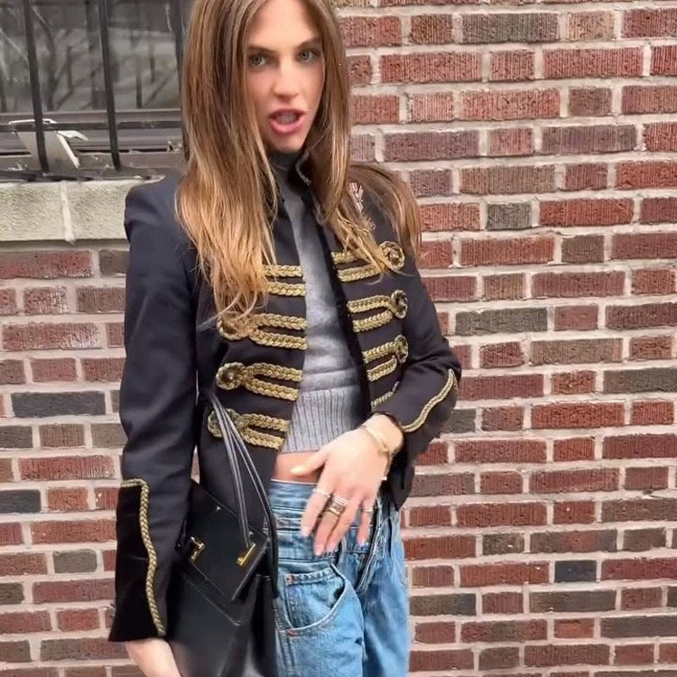 Women's Cropped Parade Military Jacket with Gold Decorative Cord, Stand-Up Collar and Velvet Trim Mune Fashion