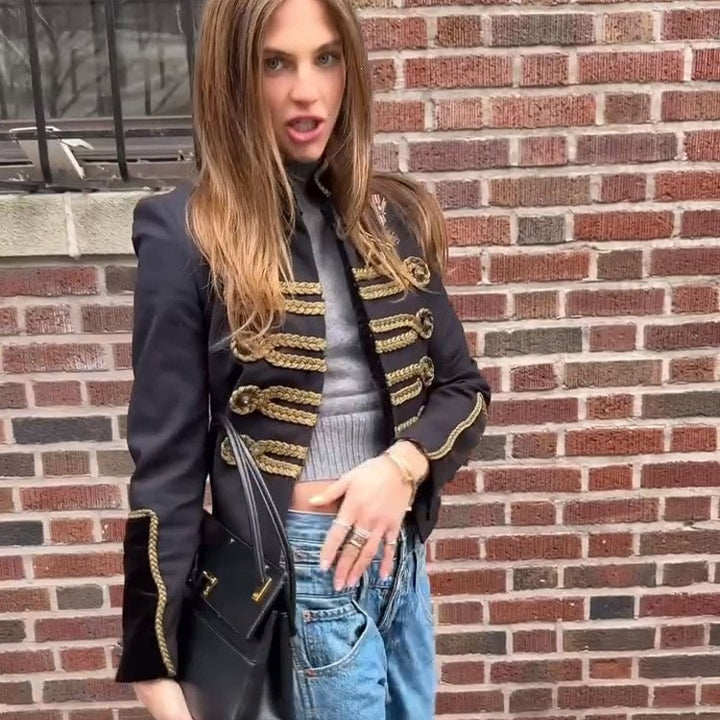 Women's Cropped Parade Military Jacket with Gold Decorative Cord, Stand-Up Collar and Velvet Trim Mune Fashion