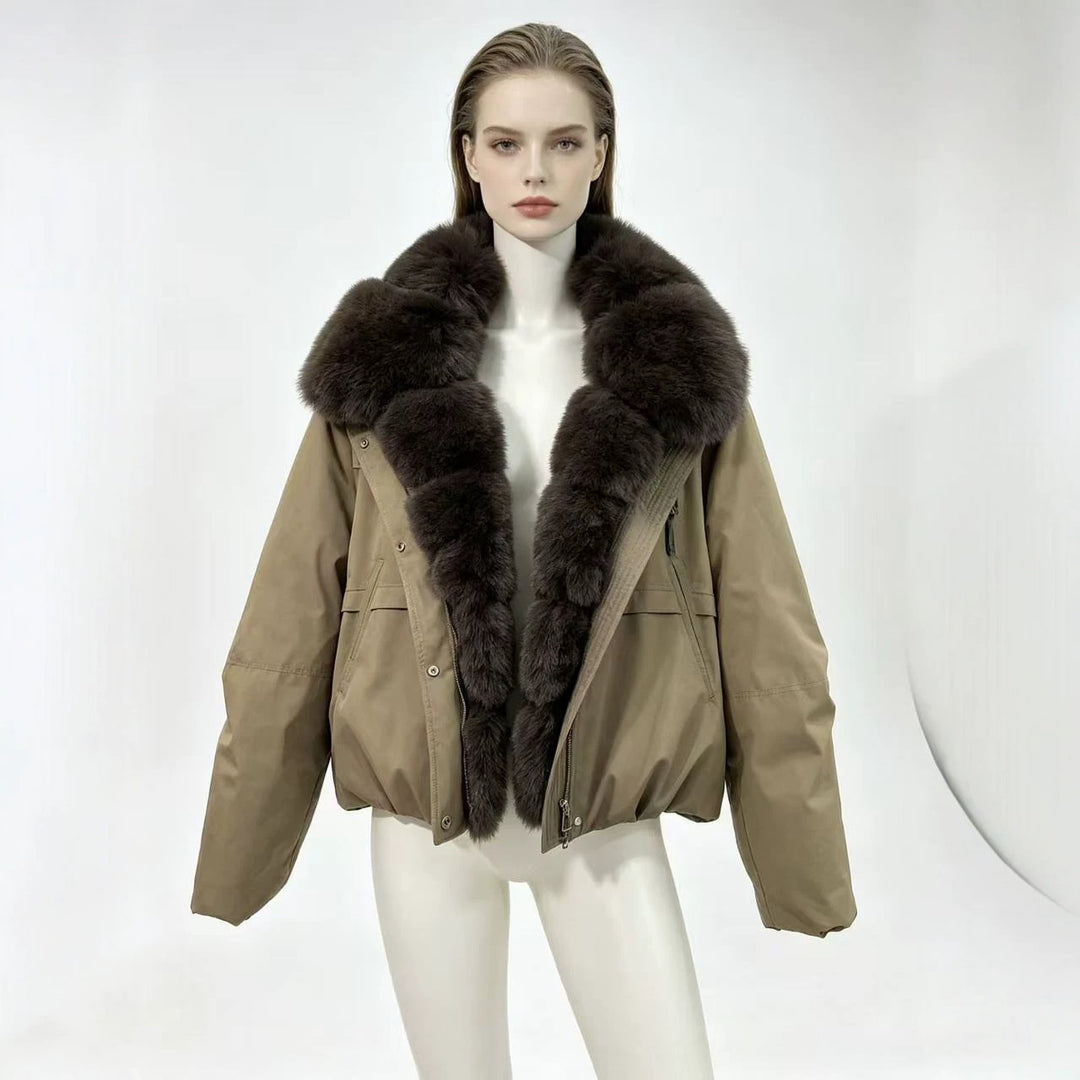Women's tailored parka bomber jacket with voluminous faux fur collar and windproof outer shell Mune Fashion