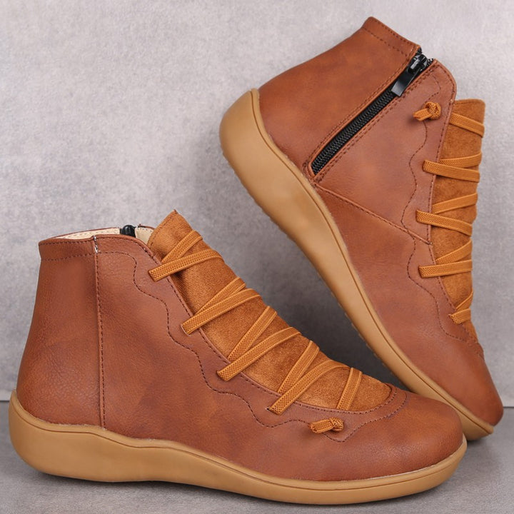 Women's Ankle-Height Comfort Boots with Elastic Decorative Lacing and Side Zipper Mune Fashion