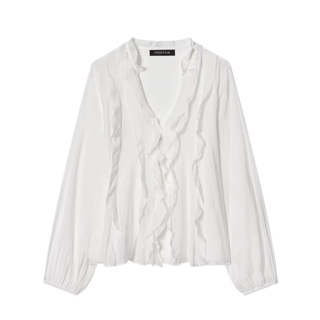Ladies Transparent Crinkle Blouse with Ruffle Collar, Ruffled Front and Balloon Sleeves Mune Fashion