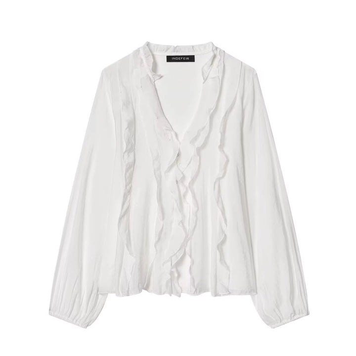 Ladies Transparent Crinkle Blouse with Ruffle Collar, Ruffled Front and Balloon Sleeves Mune Fashion