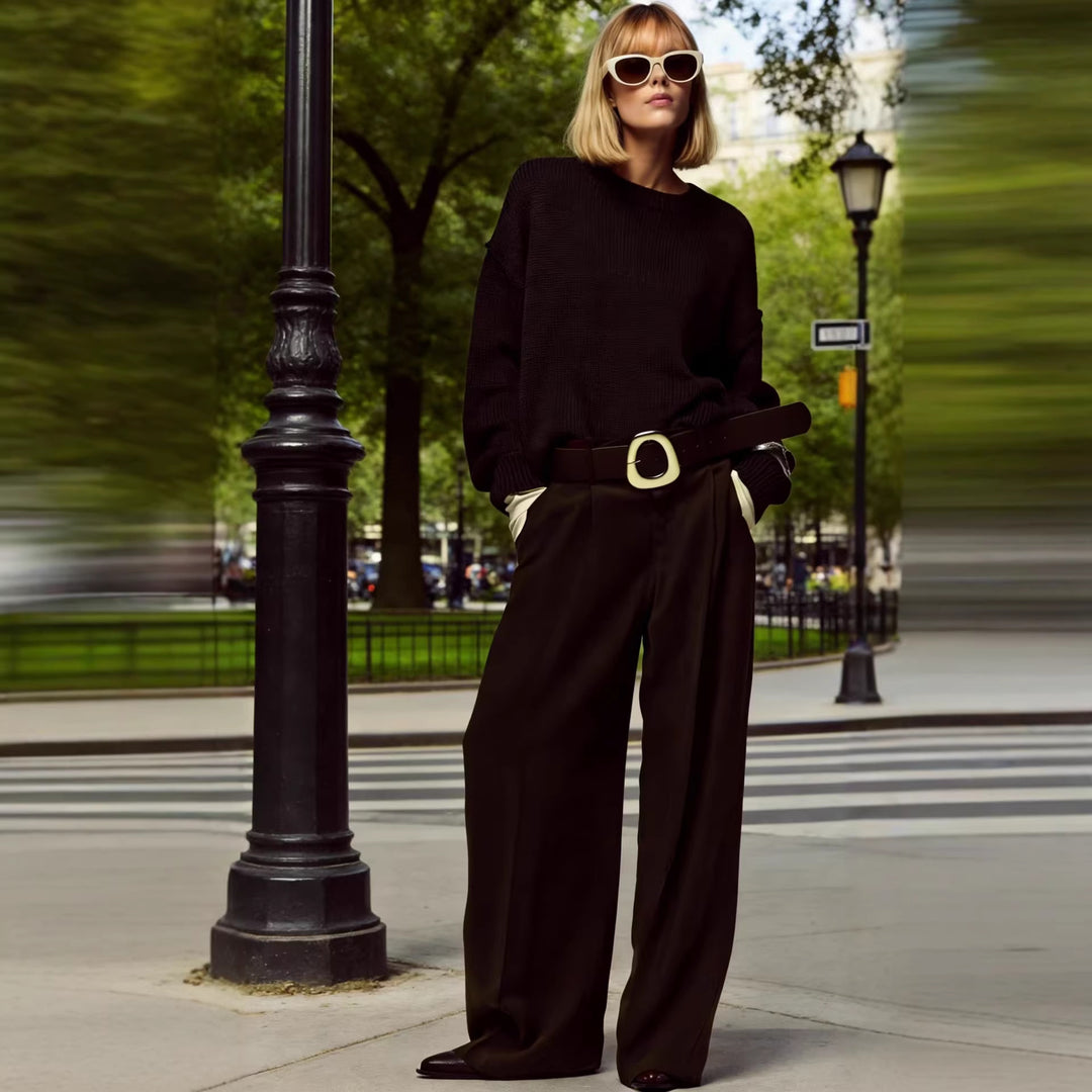 Women's high-waisted culotte pants with wide leg, pleats and statement belt Mune Fashion