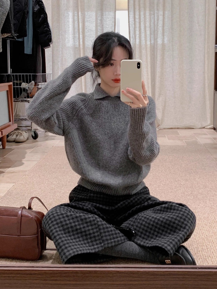 Women Oversize Polo Collar Fine Knit Sweater with Ribbed Hem and Cashmere-like Texture Mune Fashion