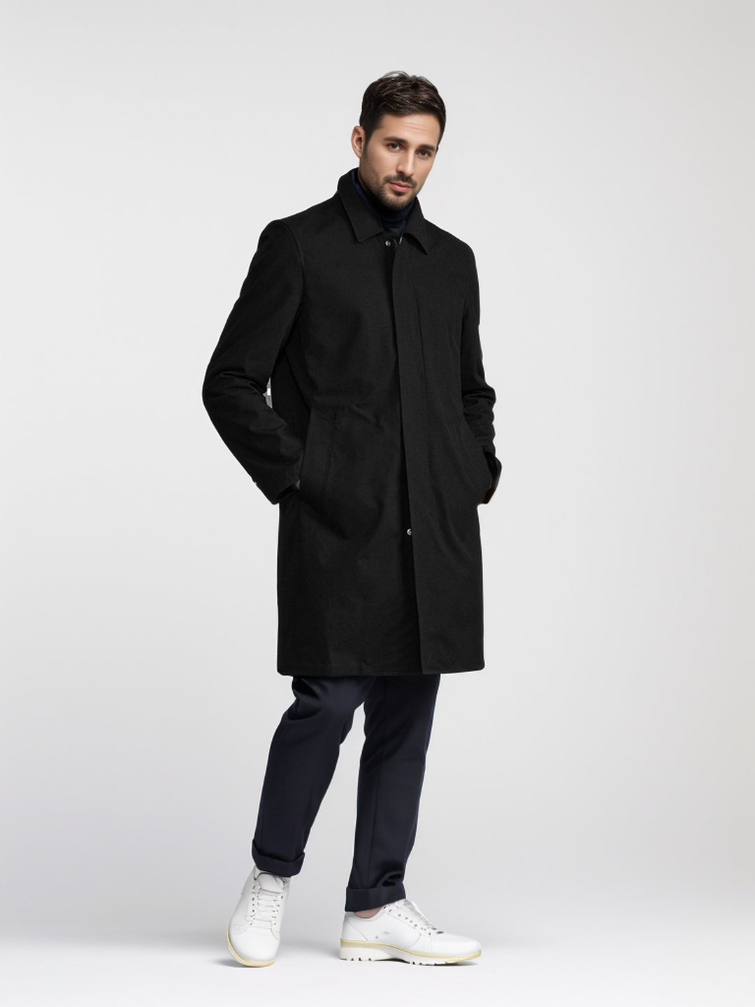 Men's Mid-Length Single-Breasted Coat with Concealed Button Placket and Tailored Silhouette Mune Fashion
