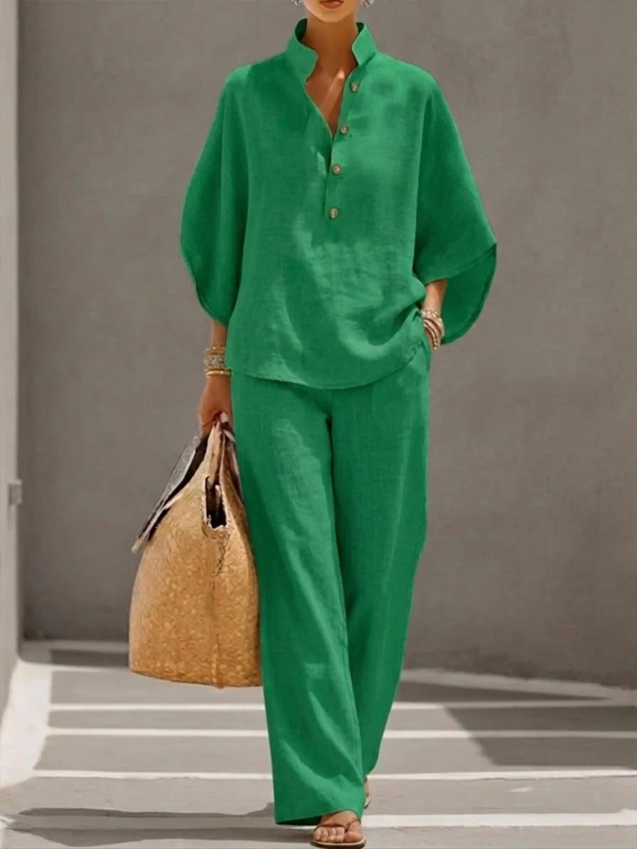 Women Lightweight Linen Loungewear Set with Stand-up Collar Button Placket and Wide Marlene Cut Mune Fashion