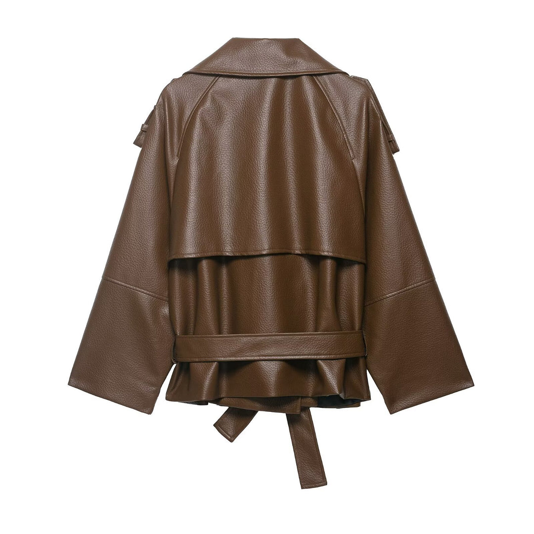 Women's Short Trench Coat in Leather Look with Double-Breasted Button Placket, Shoulder Epaulettes and Waist Belt Mune Fashion