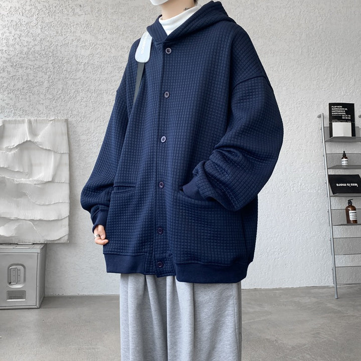 Men's Oversized Quilted Hooded Jacket with Waffle Texture, Button Placket and Side Pockets Mune Fashion