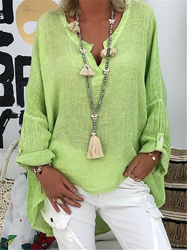 Ladies' nano structured cotton tunic in a loose fit with V-neck, rolled sleeves, and extended back hem Mune Fashion