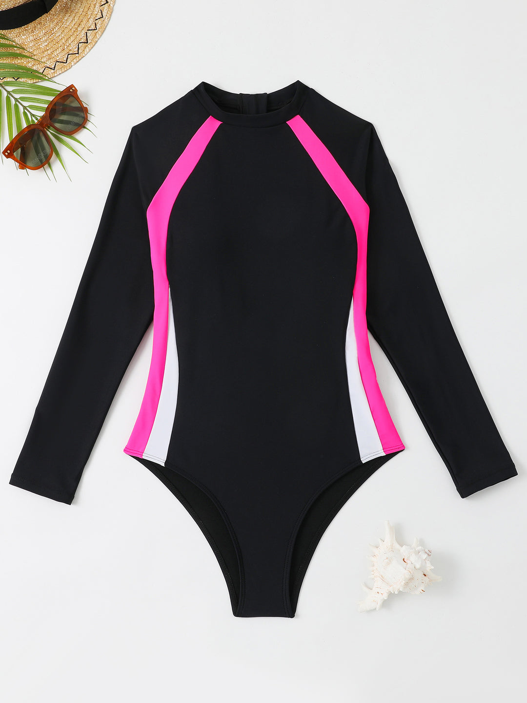 Women's Athletic Long Sleeve Swimsuit with Color Block Design Mune Fashion