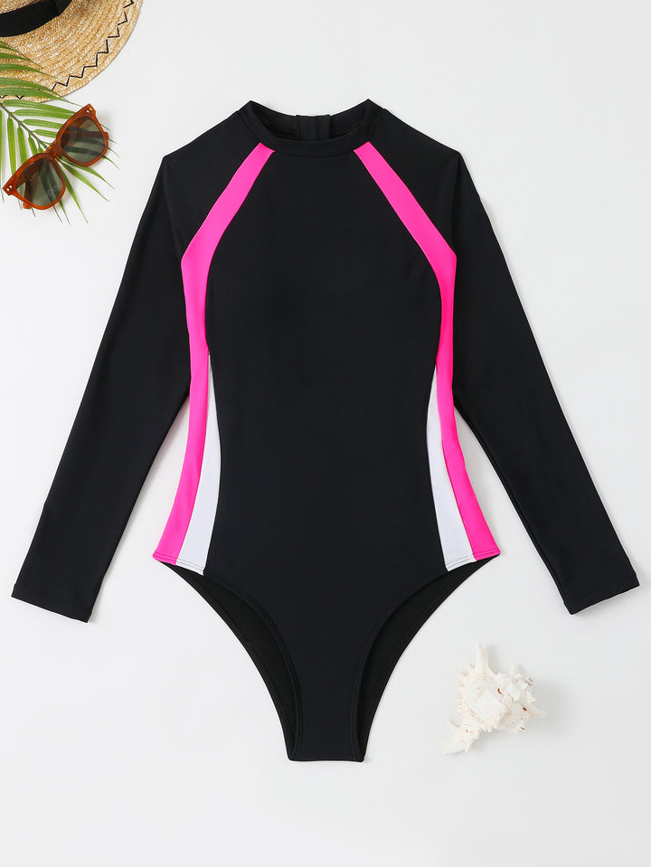 Women's Athletic Long Sleeve Swimsuit with Color Block Design Mune Fashion