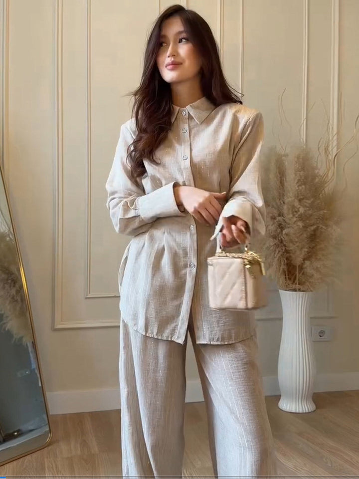 Women's Lightweight Linen Loungewear Set with Oversized Shirt and Wide Leg Pants Mune Fashion
