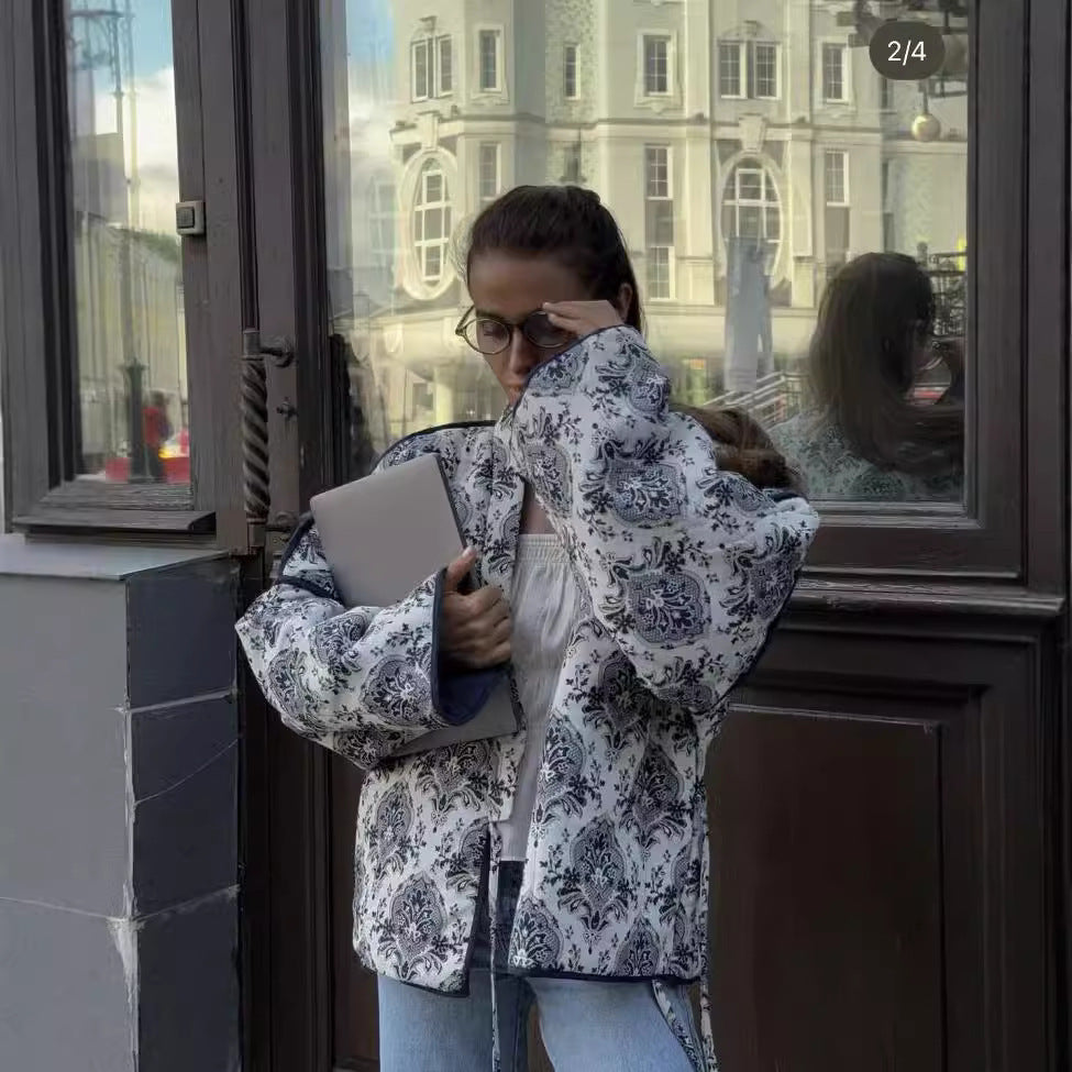 Women padded kimono jacket with waist belt and ornamental print Mune Fashion