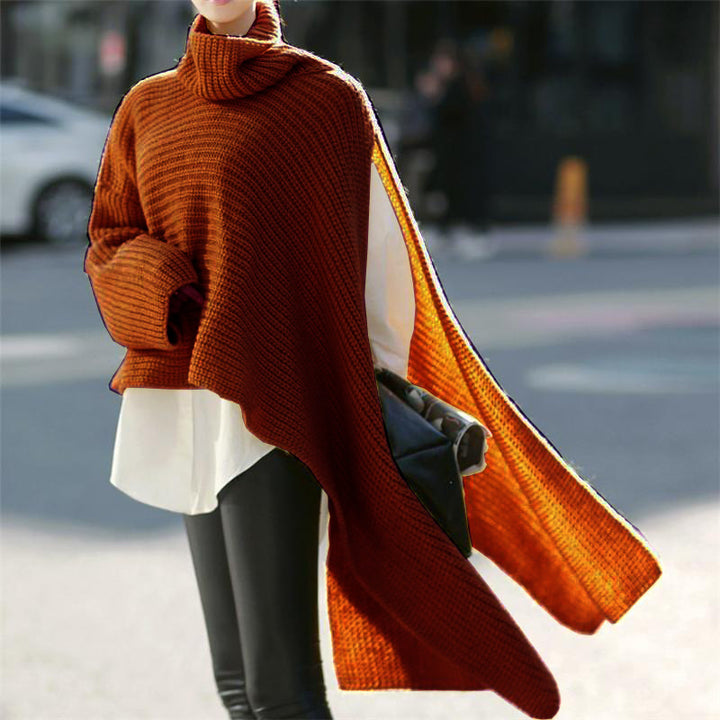 Women Asymmetrical Roll Neck Poncho with Side Cape Detail Mune Fashion